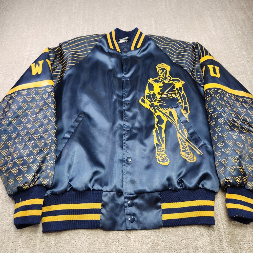 Vintage 70s WVU Mountaineers Jacket Men Large Satin Bomber AOP USA Made